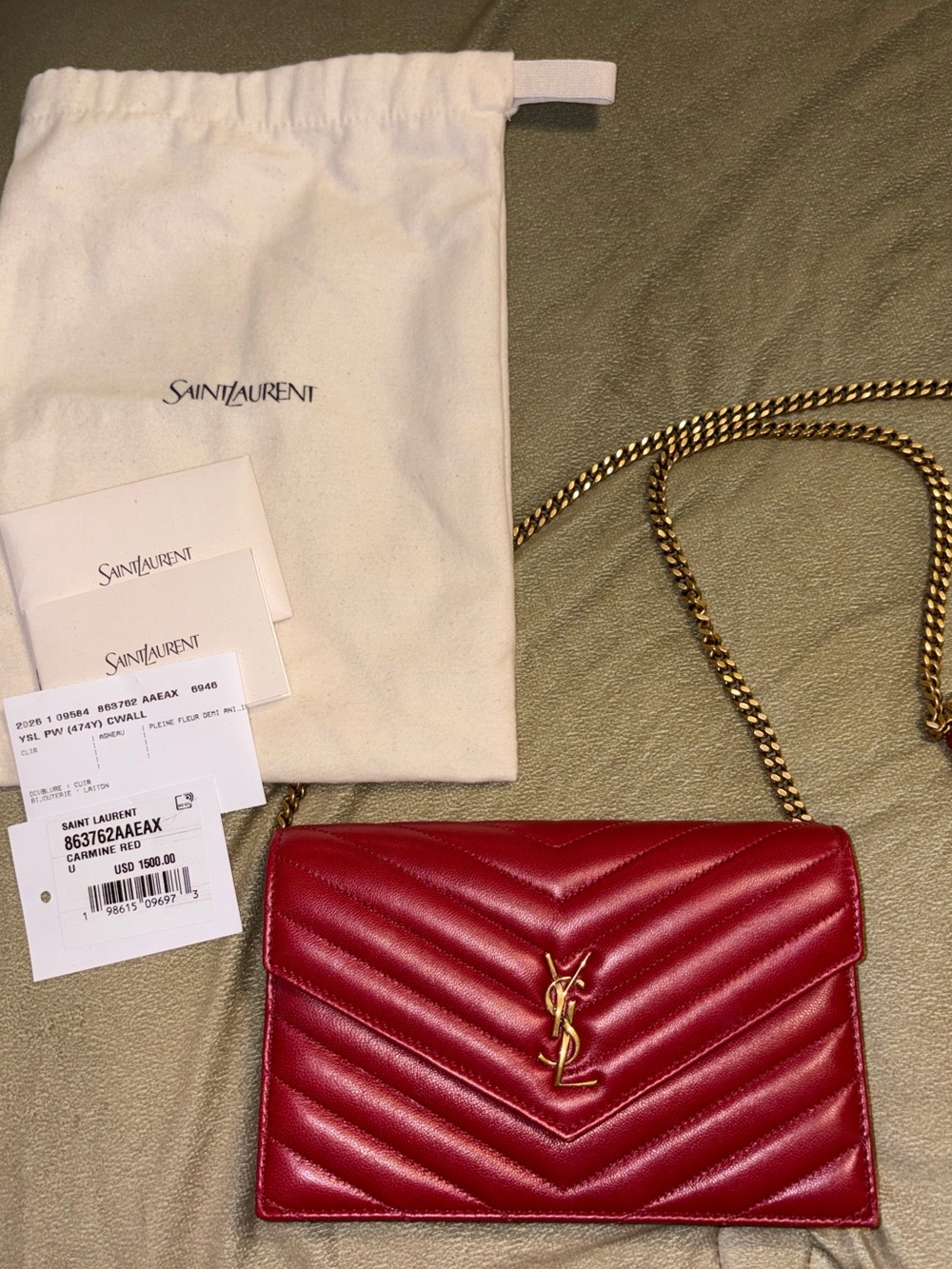 NWT Yves Saint Laurent Red Quilted Leather Crossbody Envelope Gold YSL